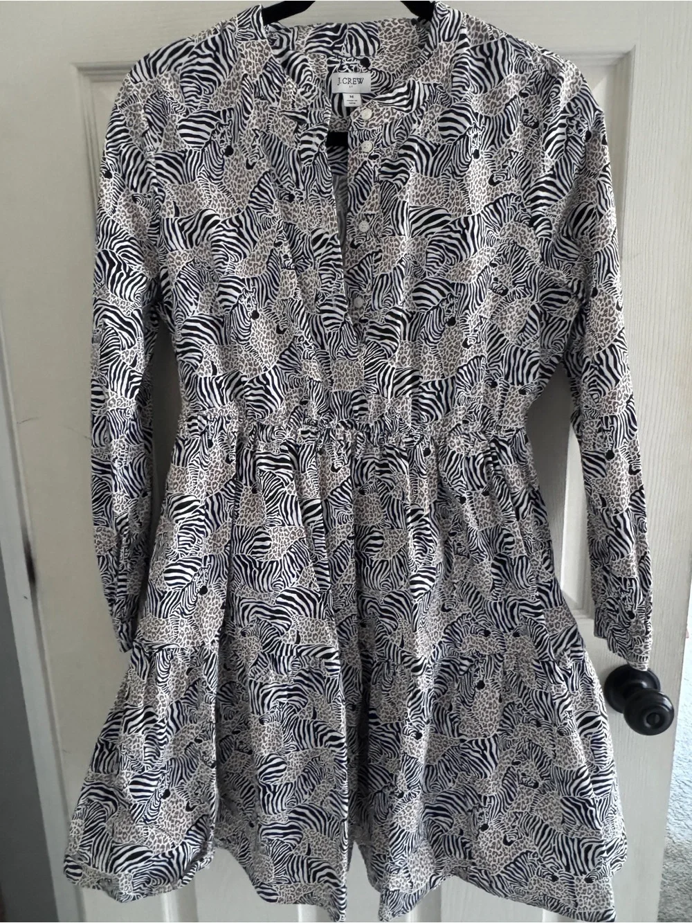J. Crew Black and White Animal-Print Long-Sleeve Mini Dress